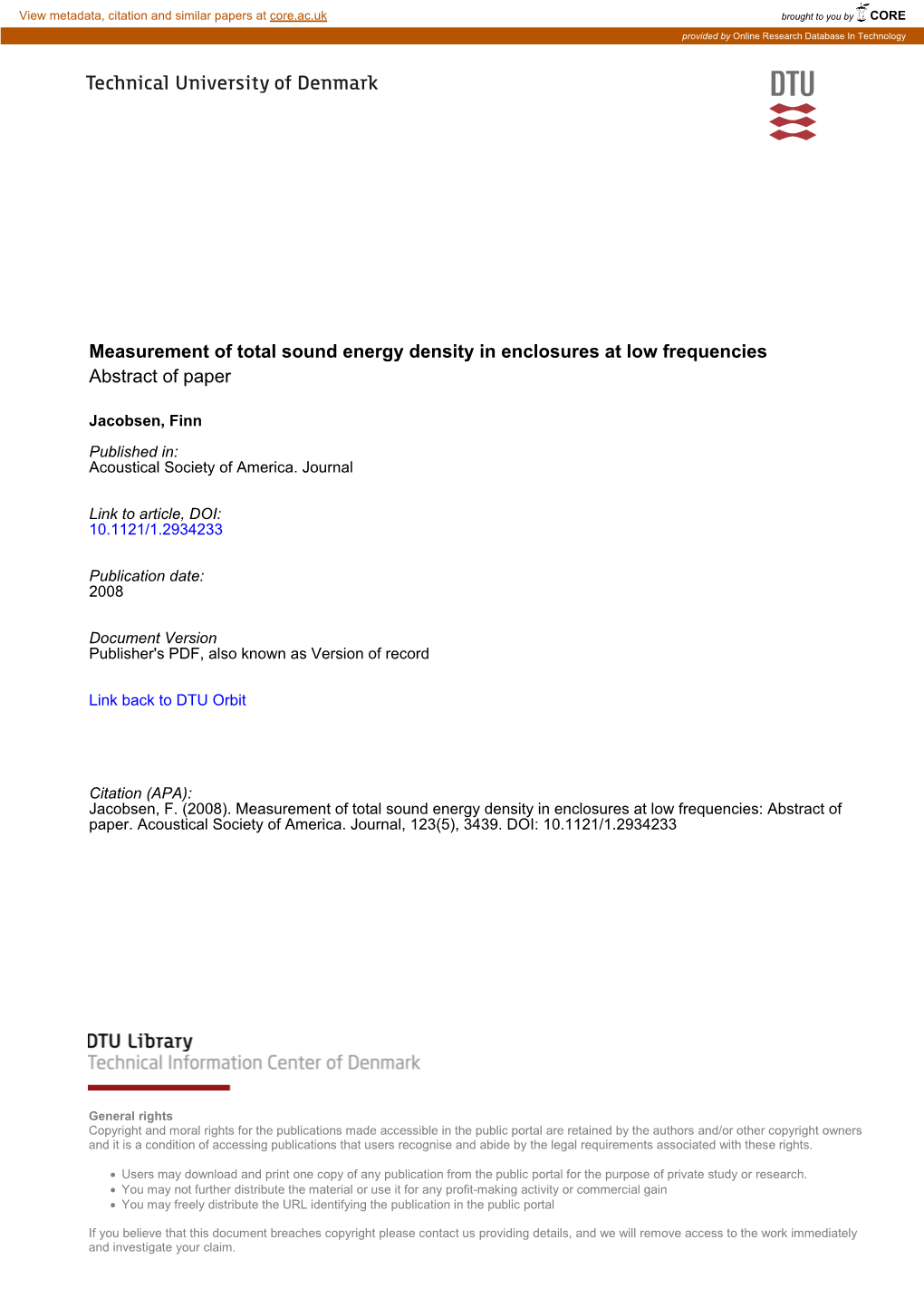 Measurement of Total Sound Energy Density in Enclosures at Low Frequencies Abstract of Paper