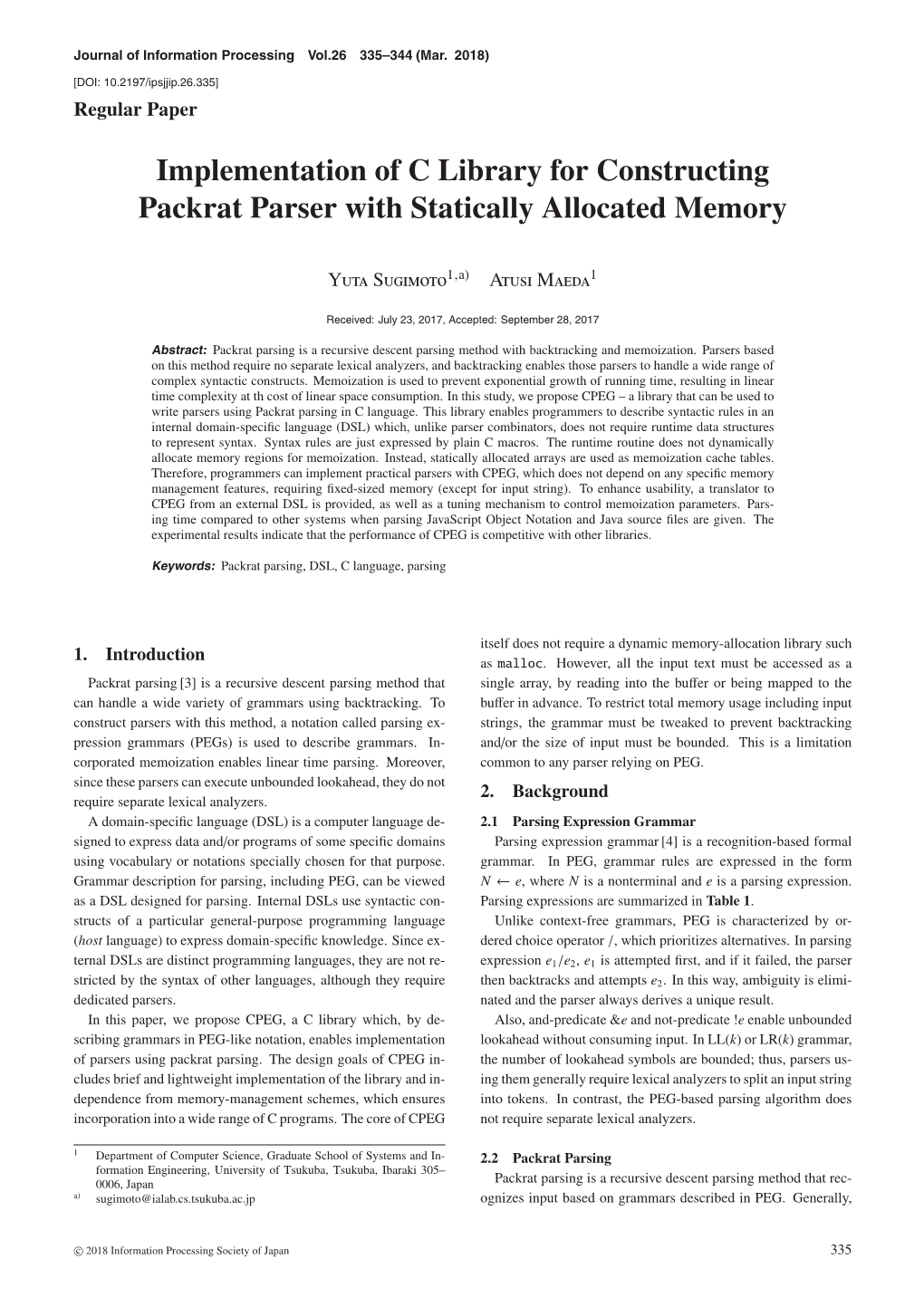 Implementation of C Library for Constructing Packrat Parser with Statically Allocated Memory