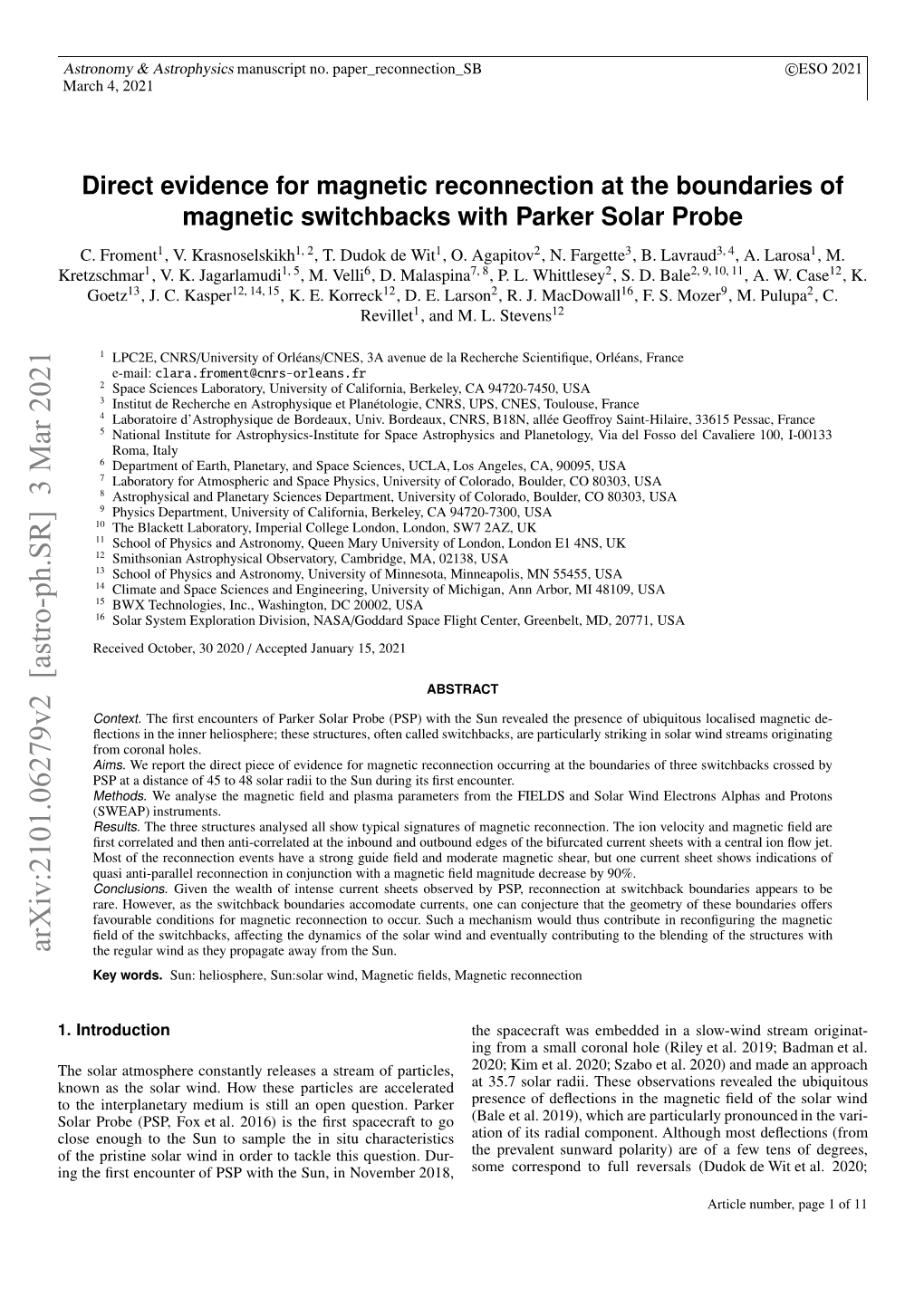 Arxiv:2101.06279V2 [Astro-Ph.SR] 3 Mar 2021 N H Rtecutro S Ihtesn Nnvme 2018, November in D Sun, Question