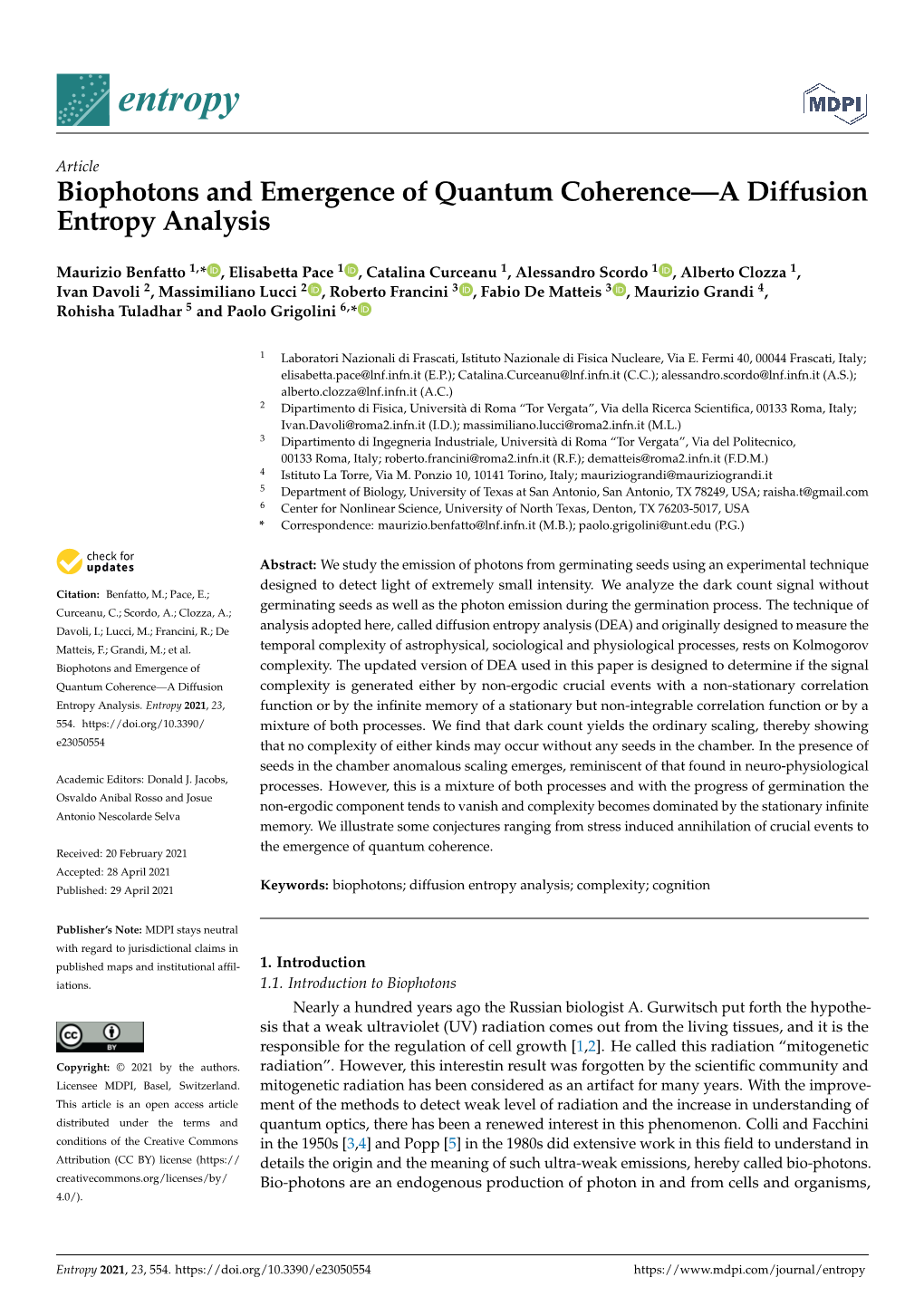 Biophotons and Emergence of Quantum Coherence—A Diffusion Entropy Analysis