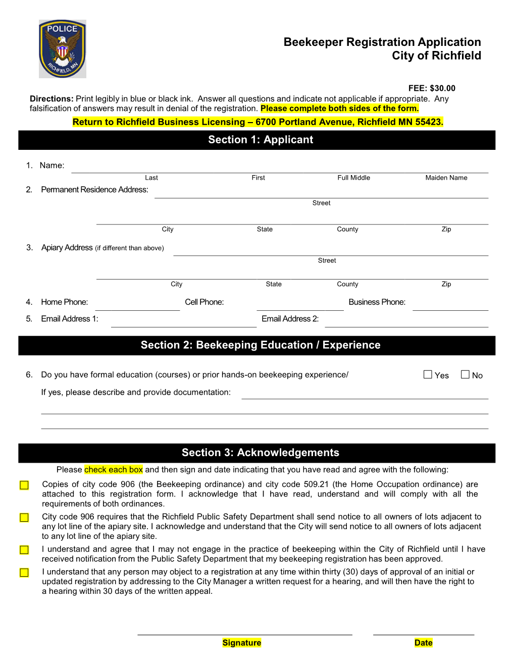 Beekeeper Registration Application City of Richfield