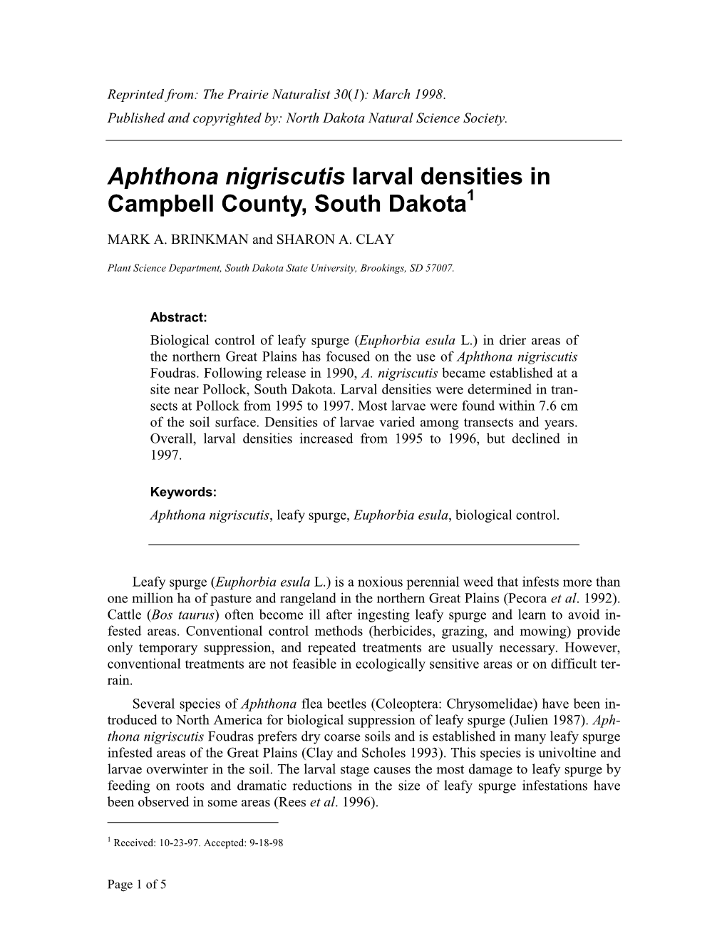 Aphthona Nigriscutis Larval Densities in Campbell County, South Dakota1