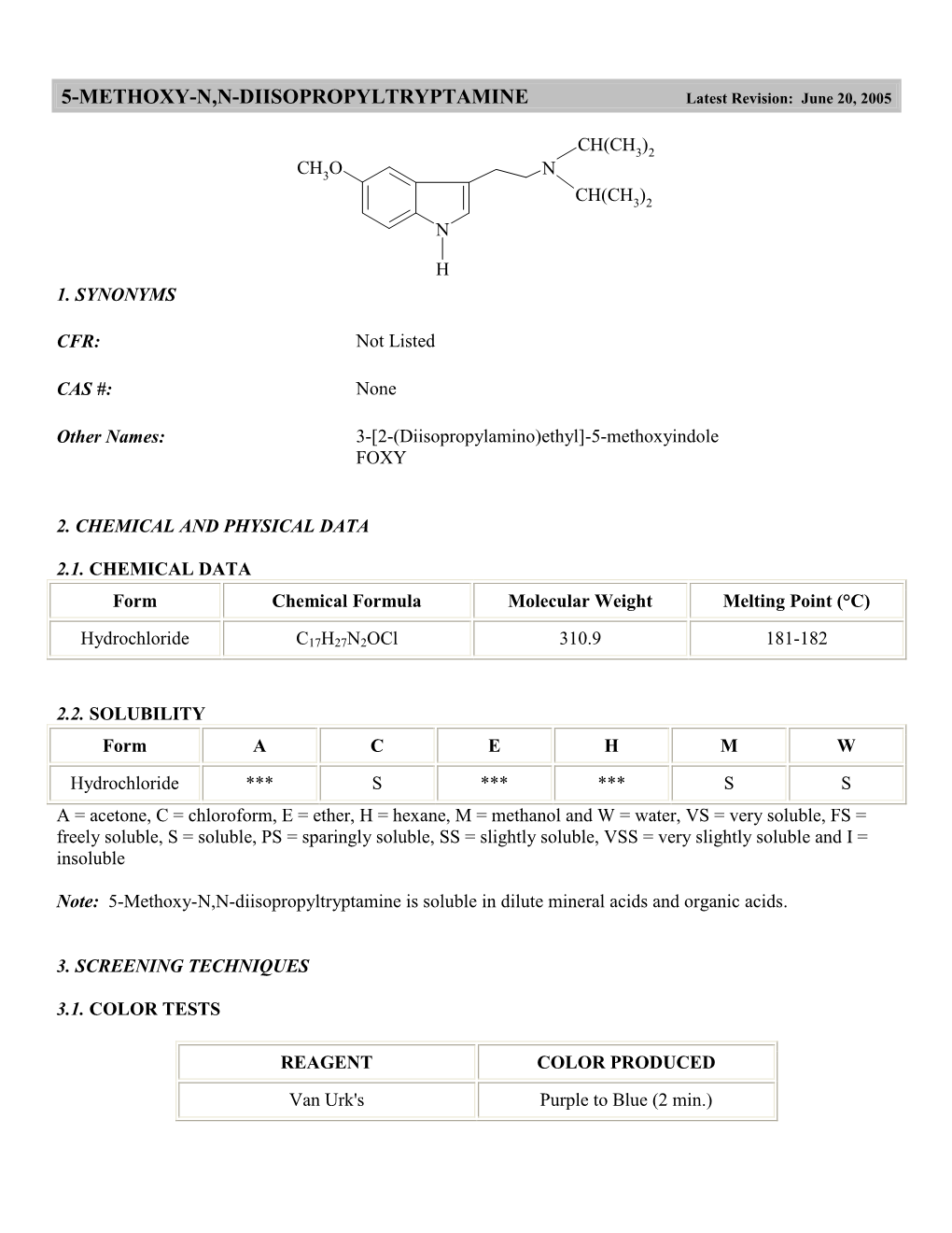 5-METHOXY-N,N-DIISOPROPYLTRYPTAMINE Latest Revision: June 20, 2005