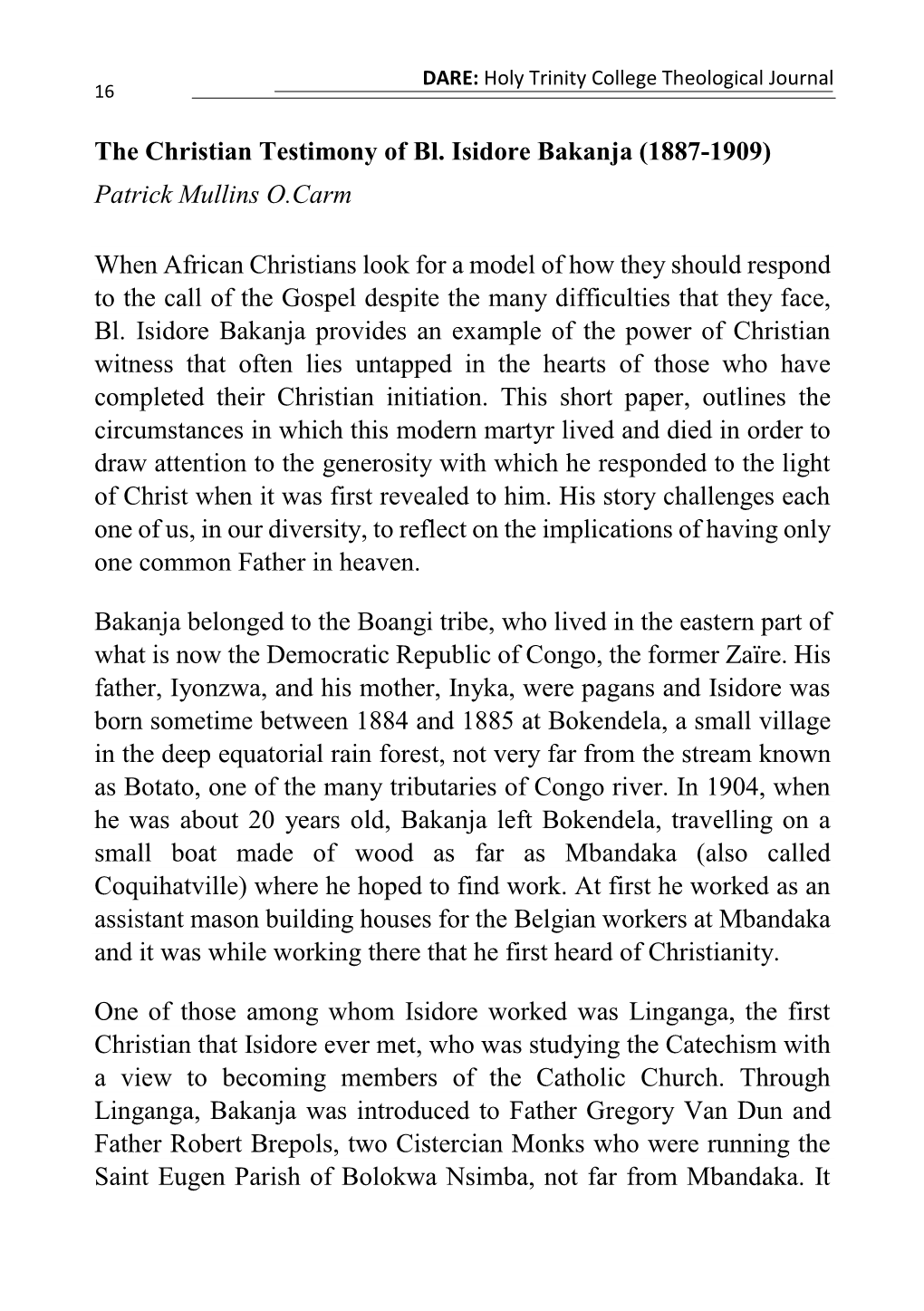 The Christian Testimony of Bl. Isidore Bakanja (1887-1909) Patrick Mullins O.Carm