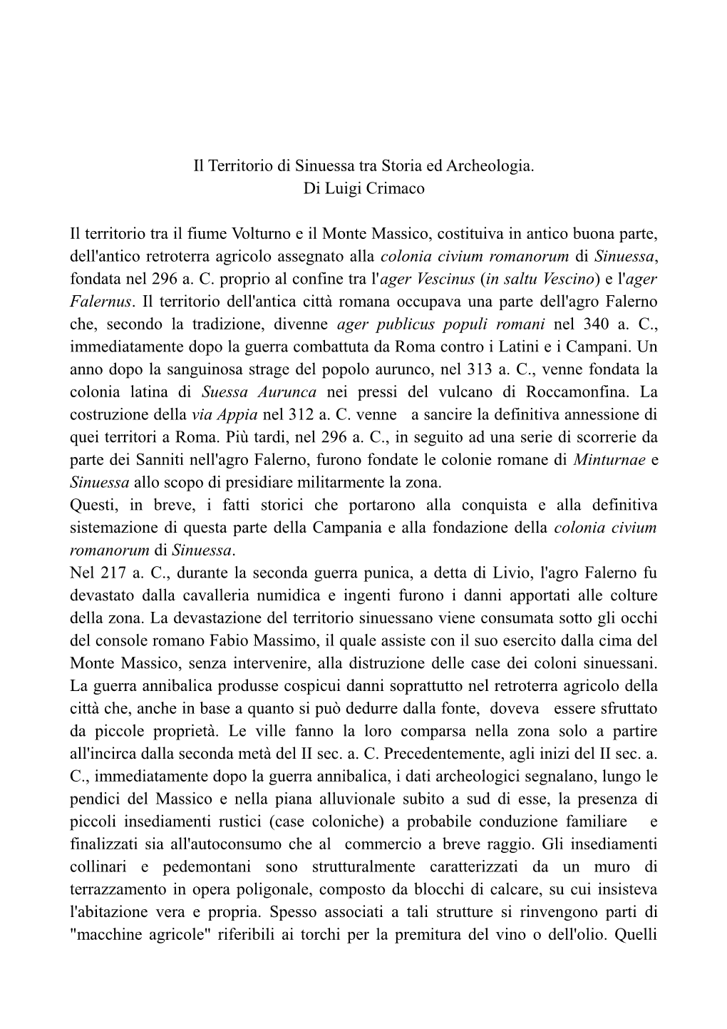 Il Territorio Di Sinuessa Tra Storia Ed Archeologia. Di Luigi Crimaco