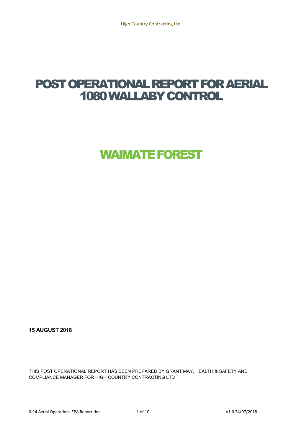 Post Operational Report for Aerial 1080 Wallaby Control
