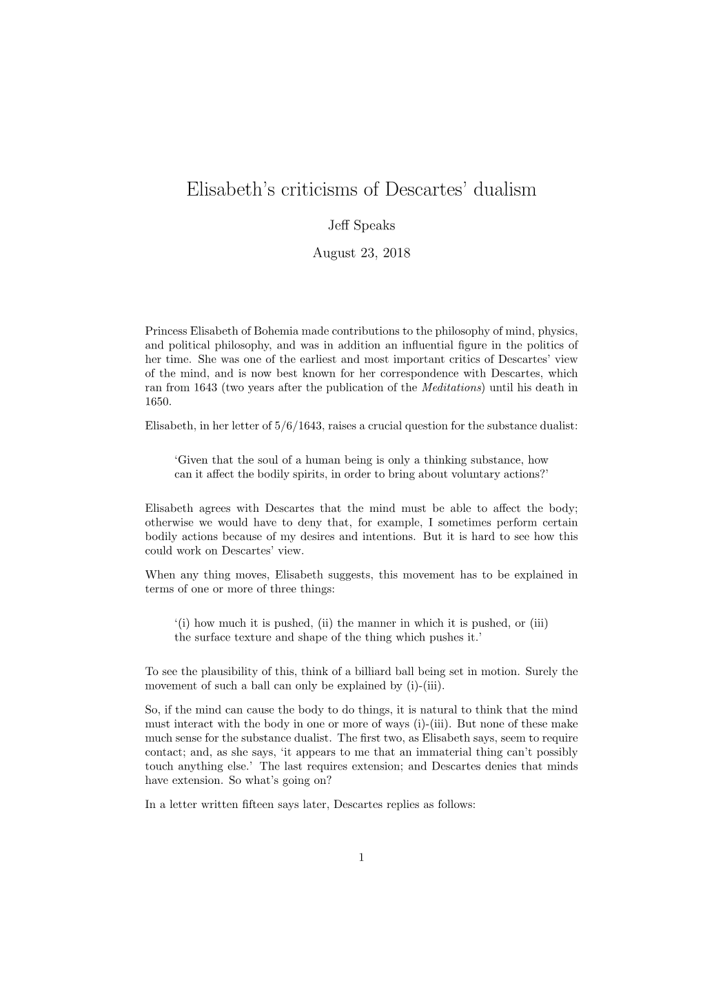 Elisabeth's Criticisms of Descartes' Dualism