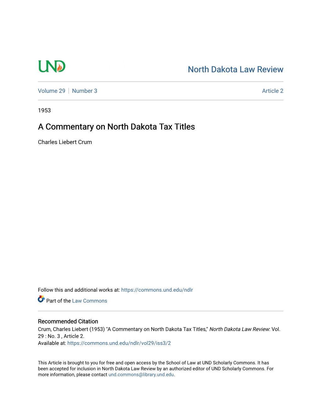 A Commentary on North Dakota Tax Titles