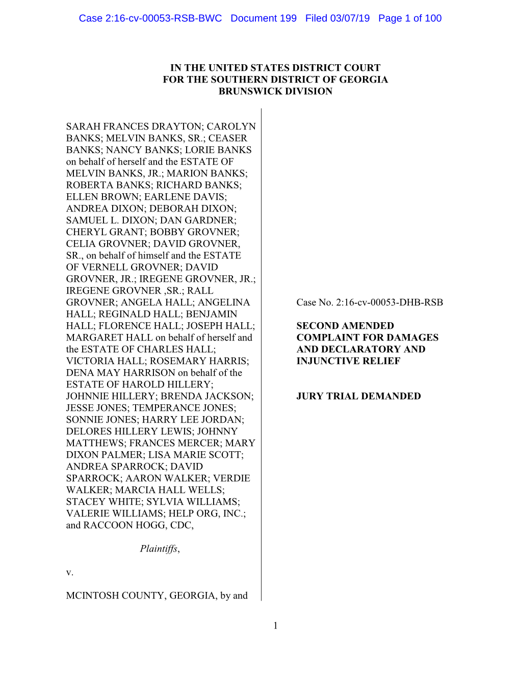 Case 2:16-Cv-00053-RSB-BWC Document 199 Filed 03/07/19 Page 1 of 100