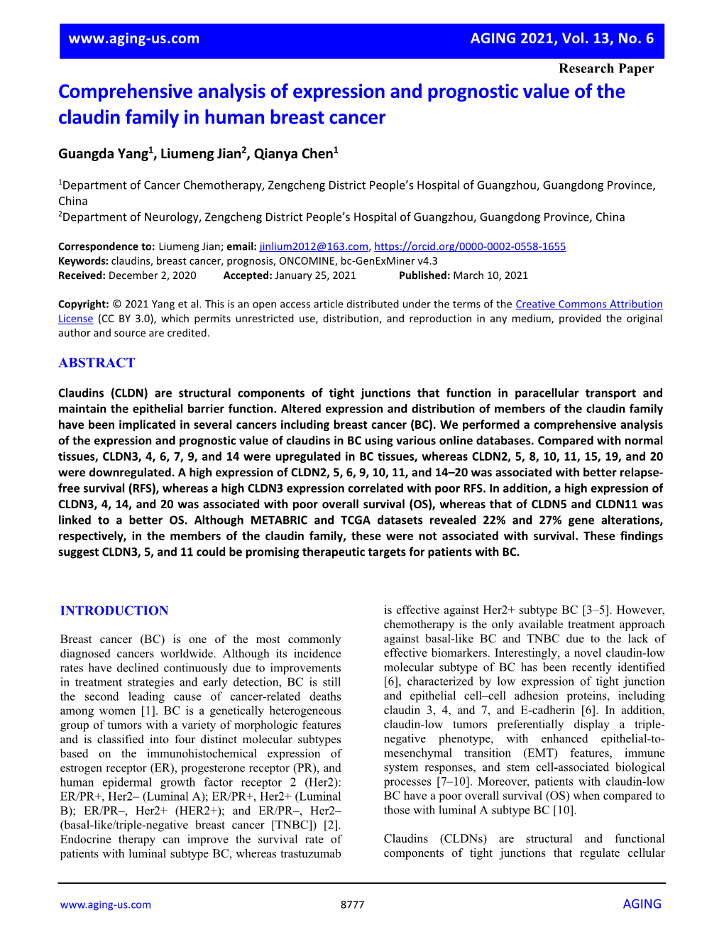 Comprehensive Analysis of Expression and Prognostic Value of the Claudin Family in Human Breast Cancer