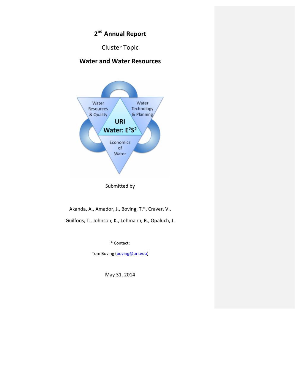 2Nd Annual Report Cluster Topic Water and Water Resources