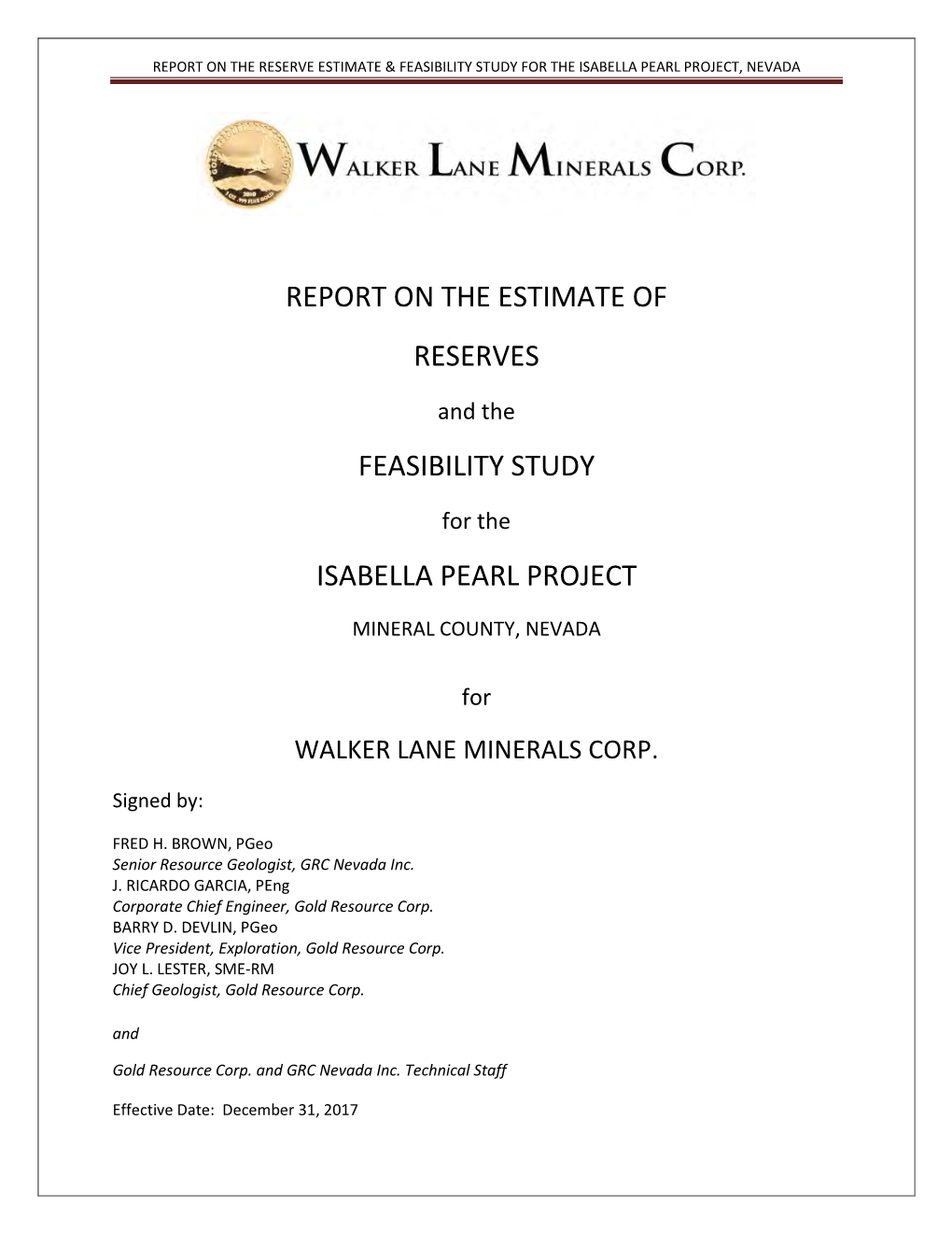 Report on the Reserve Estimate & Feasibility Study