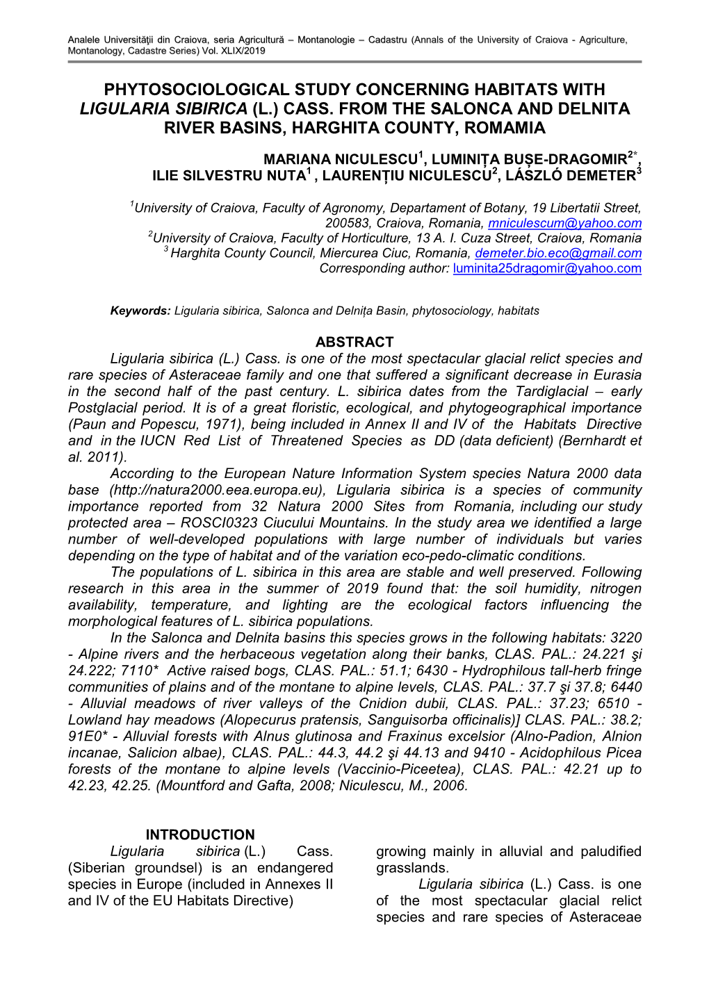 Phytosociological Study Concerning Habitats with Ligularia Sibirica (L.) Cass