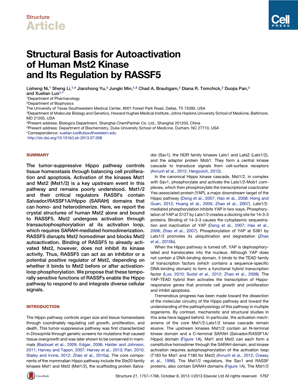 Structural Basis for Autoactivation of Human Mst2 Kinase and Its Regulation by RASSF5