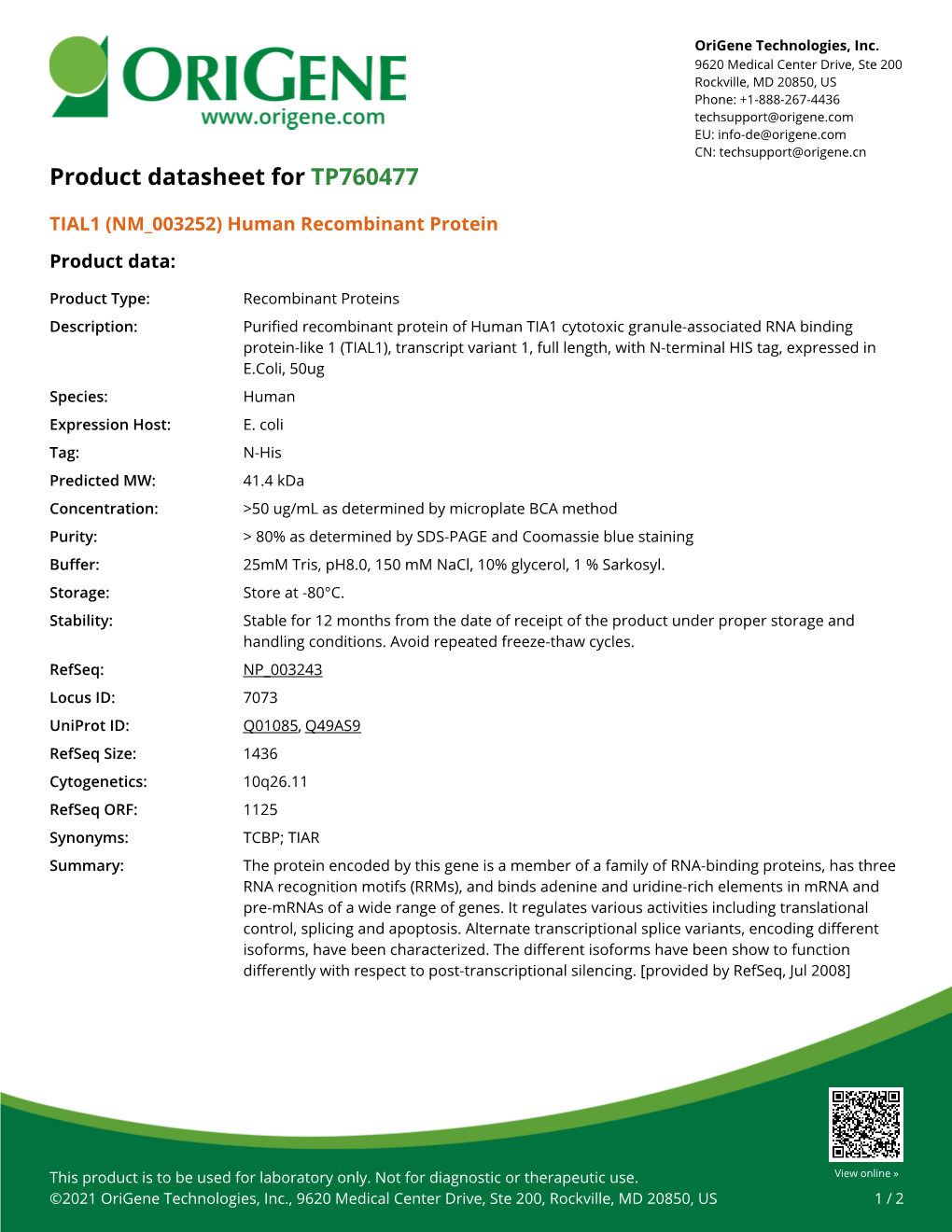 TIAL1 (NM 003252) Human Recombinant Protein Product Data