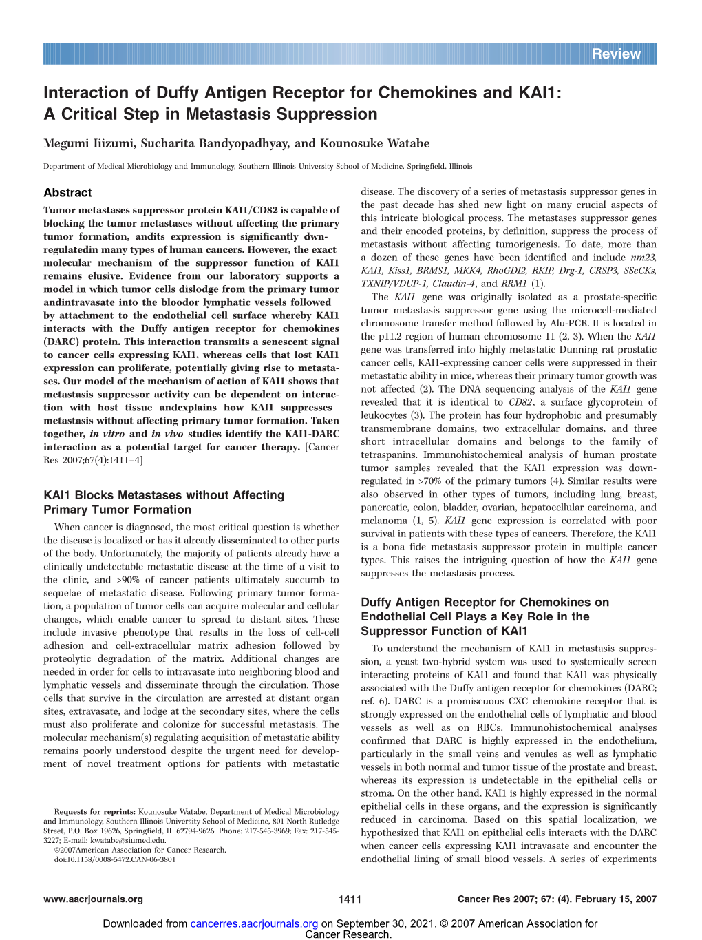 Interaction of Duffy Antigen Receptor for Chemokines and KAI1: a Critical Step in Metastasis Suppression