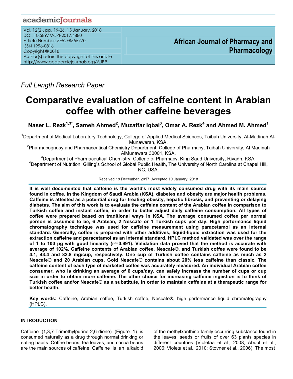 Comparative Evaluation of Caffeine Content in Arabian Coffee with Other Caffeine Beverages