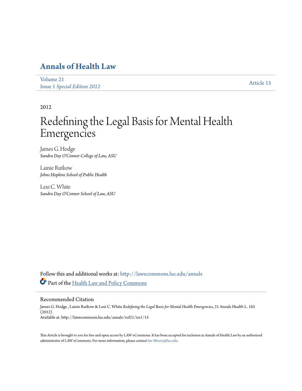 Redefining the Legal Basis for Mental Health Emergencies James G