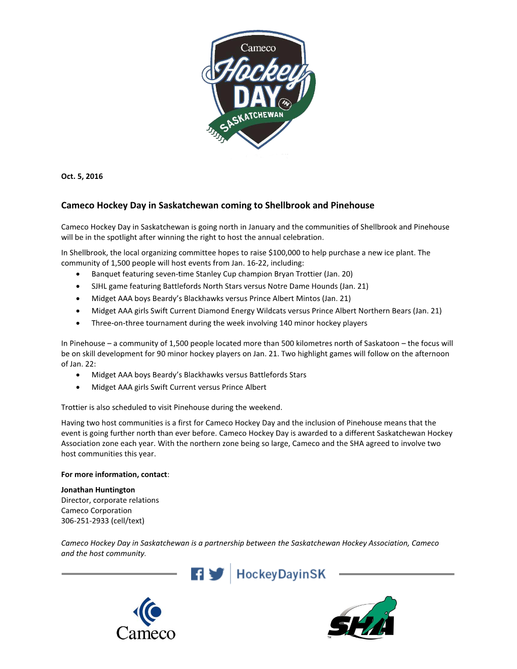 Cameco Hockey Day in Saskatchewan Coming to Shellbrook and Pinehouse