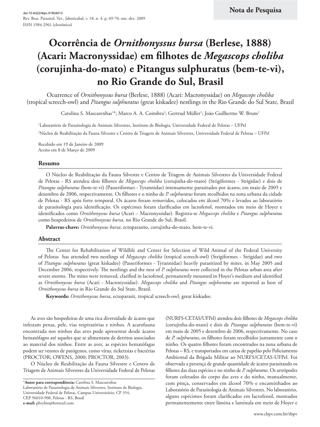 Ocorrência De Ornithonyssus Bursa (Berlese, 1888)