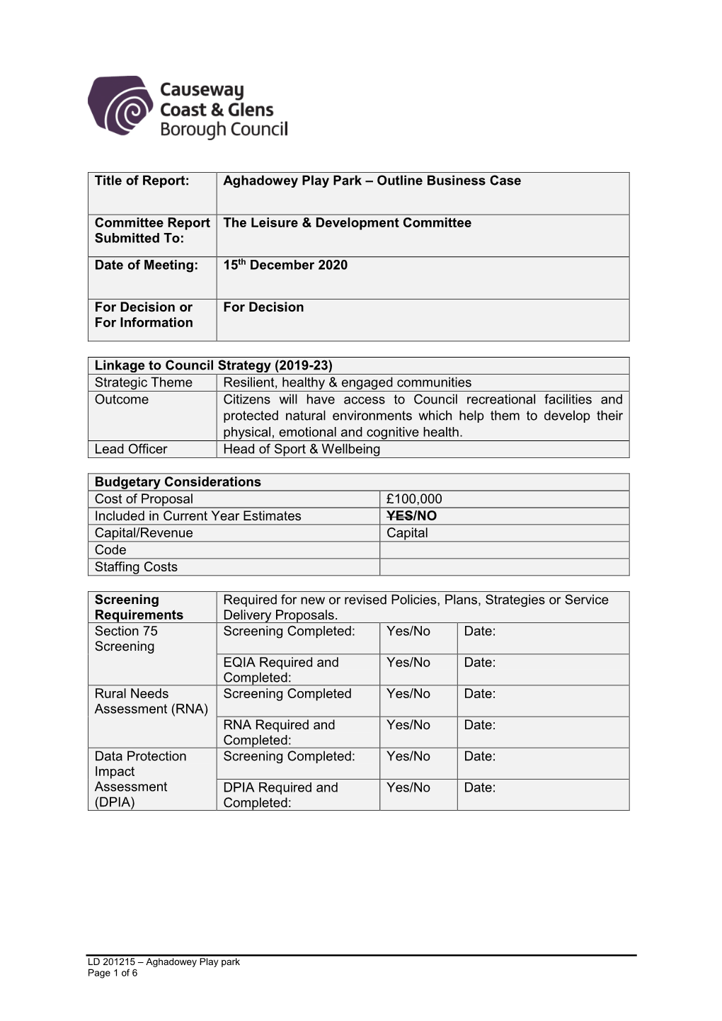 Aghadowey Play Park – Outline Business Case