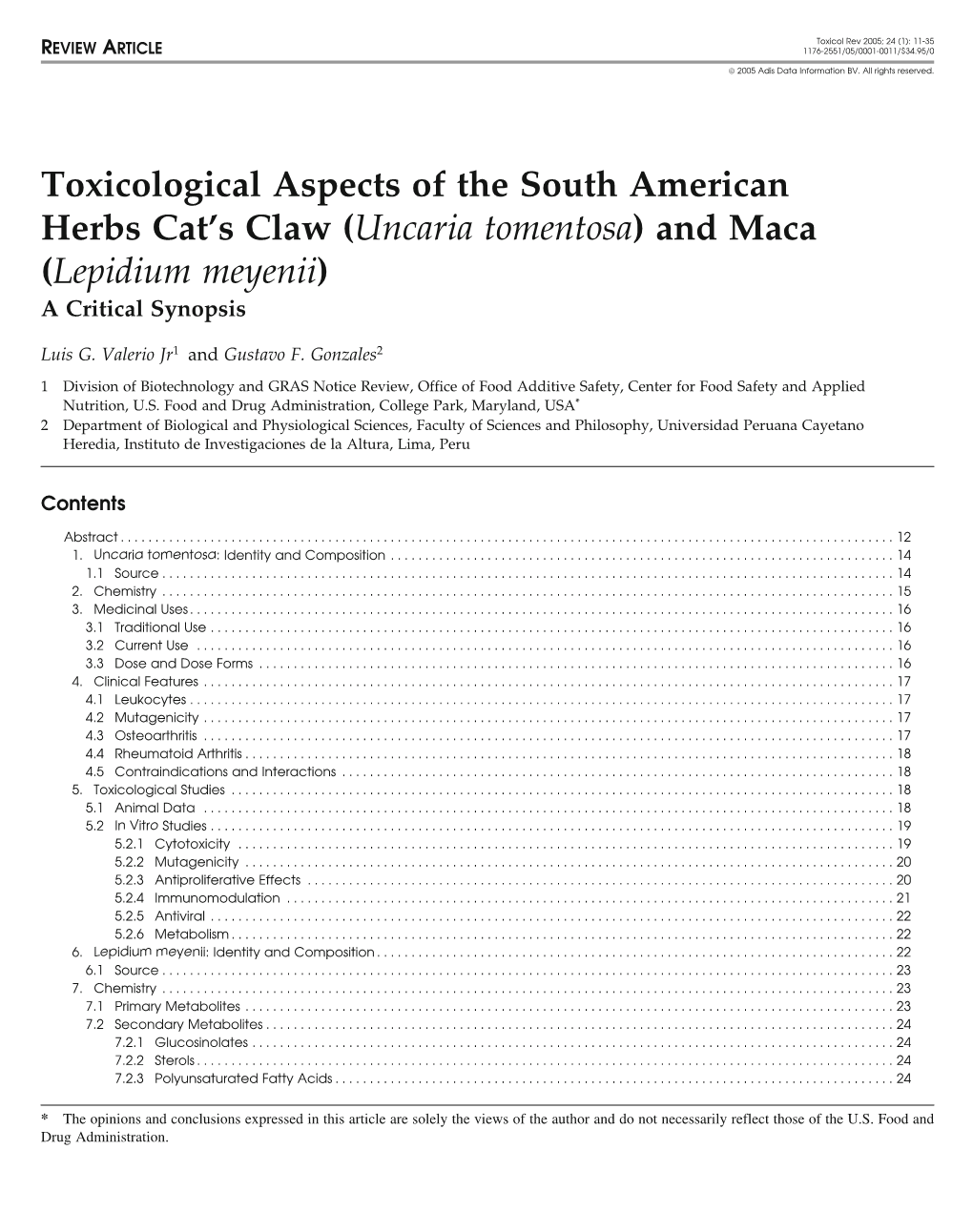 Toxicological Aspects of the South American Herbs Cat's Claw