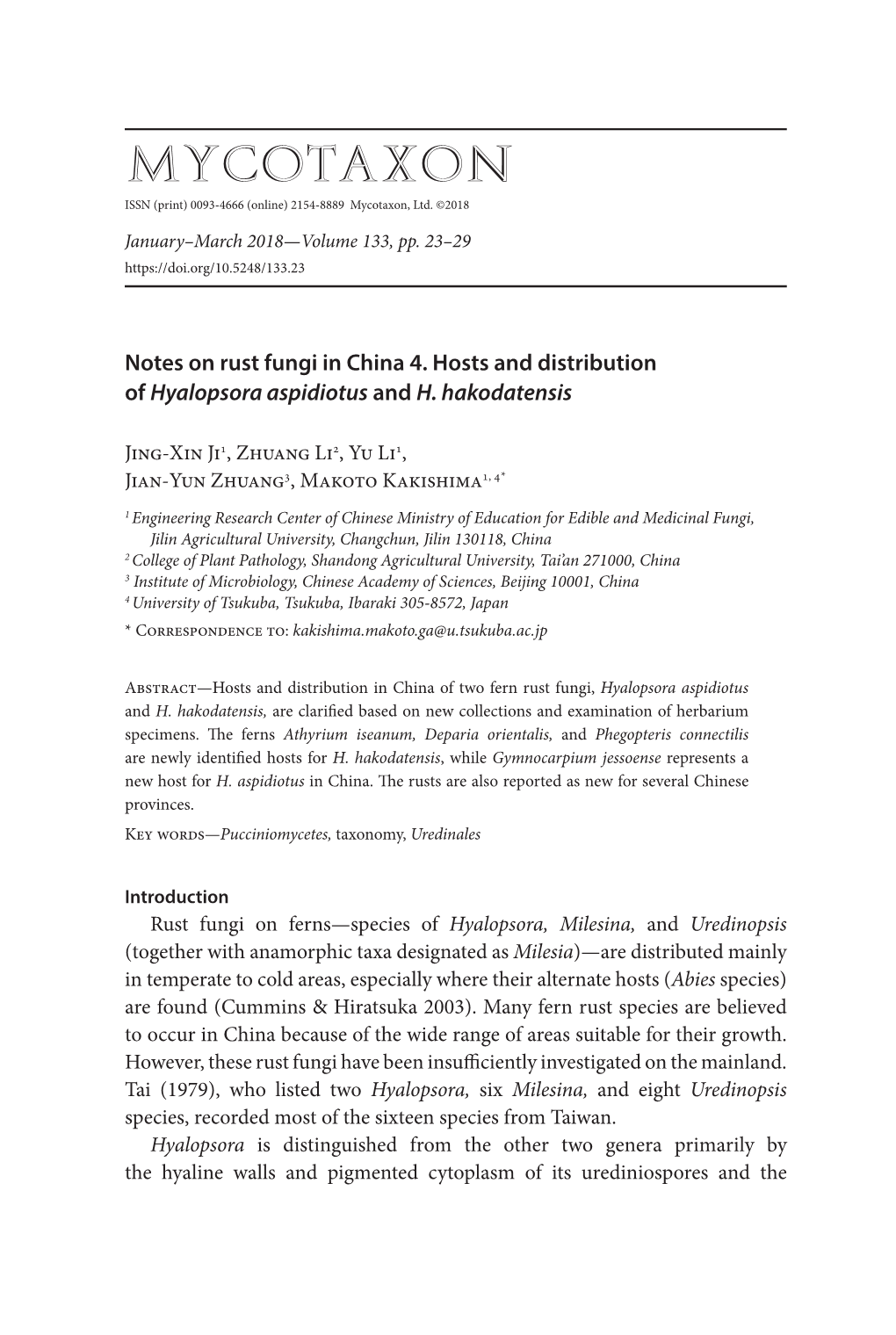 Notes on Rust Fungi in China 4. Hosts and Distribution of <I> Hyalopsora