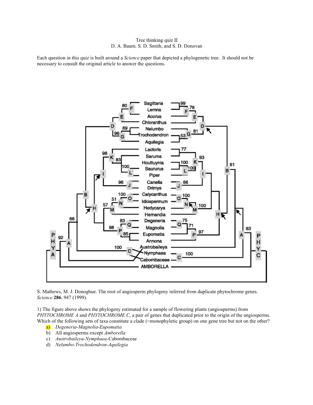 Tree Thinking Quiz II D. A. Baum, S. D. Smith, and S. D. Donovan Each