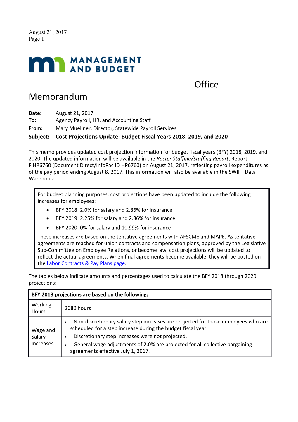 BULLETIN - Cost Projections Update: Budget Fiscal Years 2018, 2019, and 2020