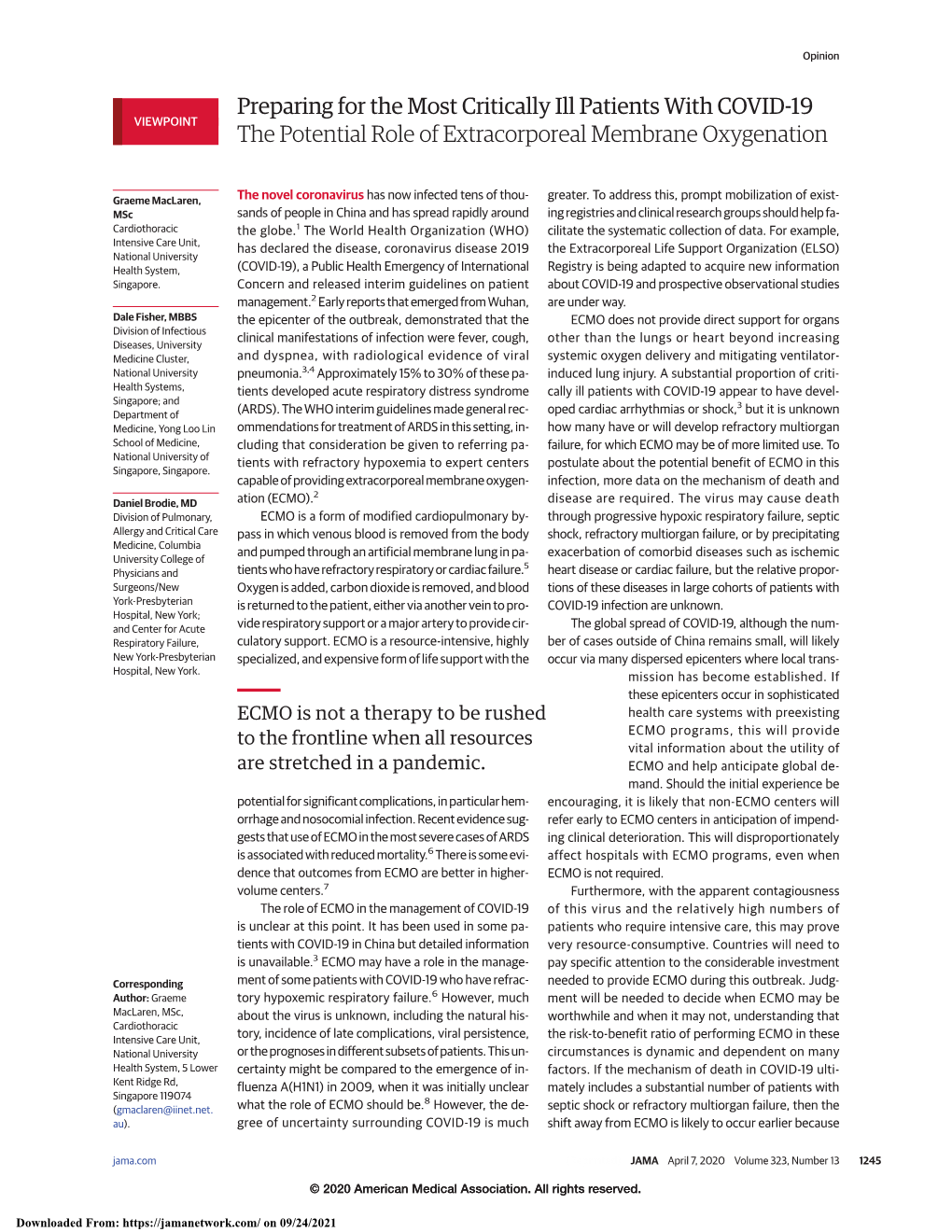 The Potential Role of Extracorporeal Membrane Oxygenation