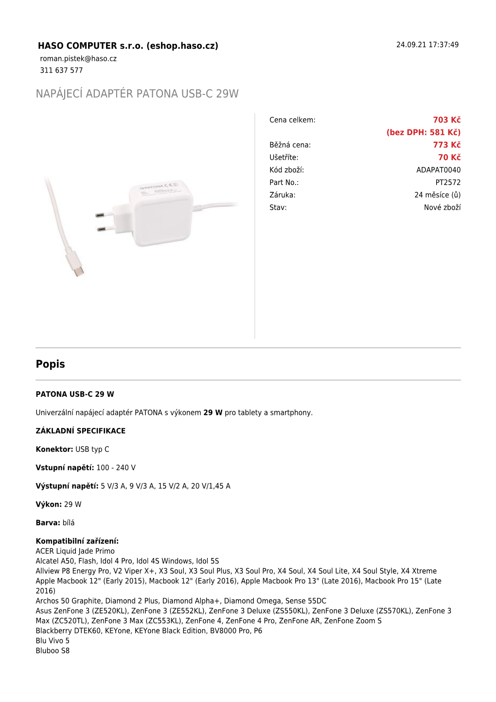 Napájecí Adaptér Patona Usb-C 29W