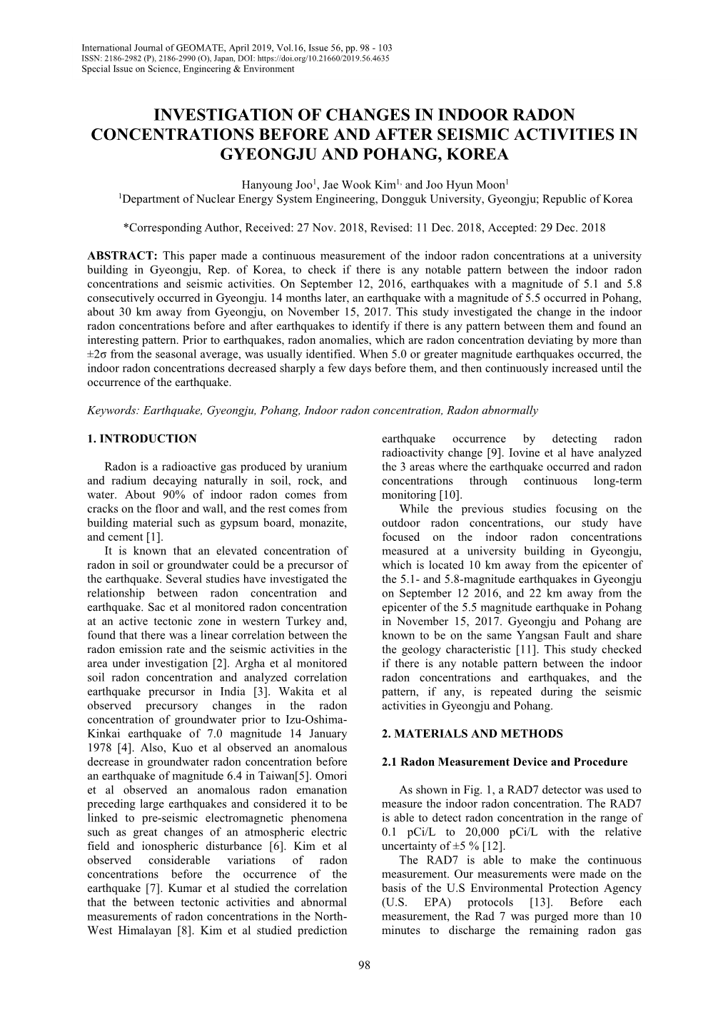 Investigation of Changes in Indoor Radon Concentrations Before and After Seismic Activities in Gyeongju and Pohang, Korea