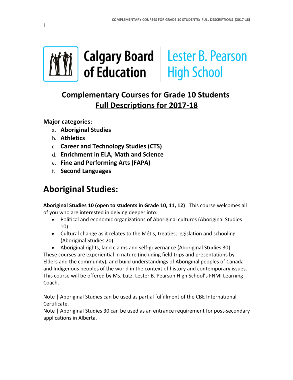 Complementary Courses for Grade 10 Students: Full Descriptions (2017-18)