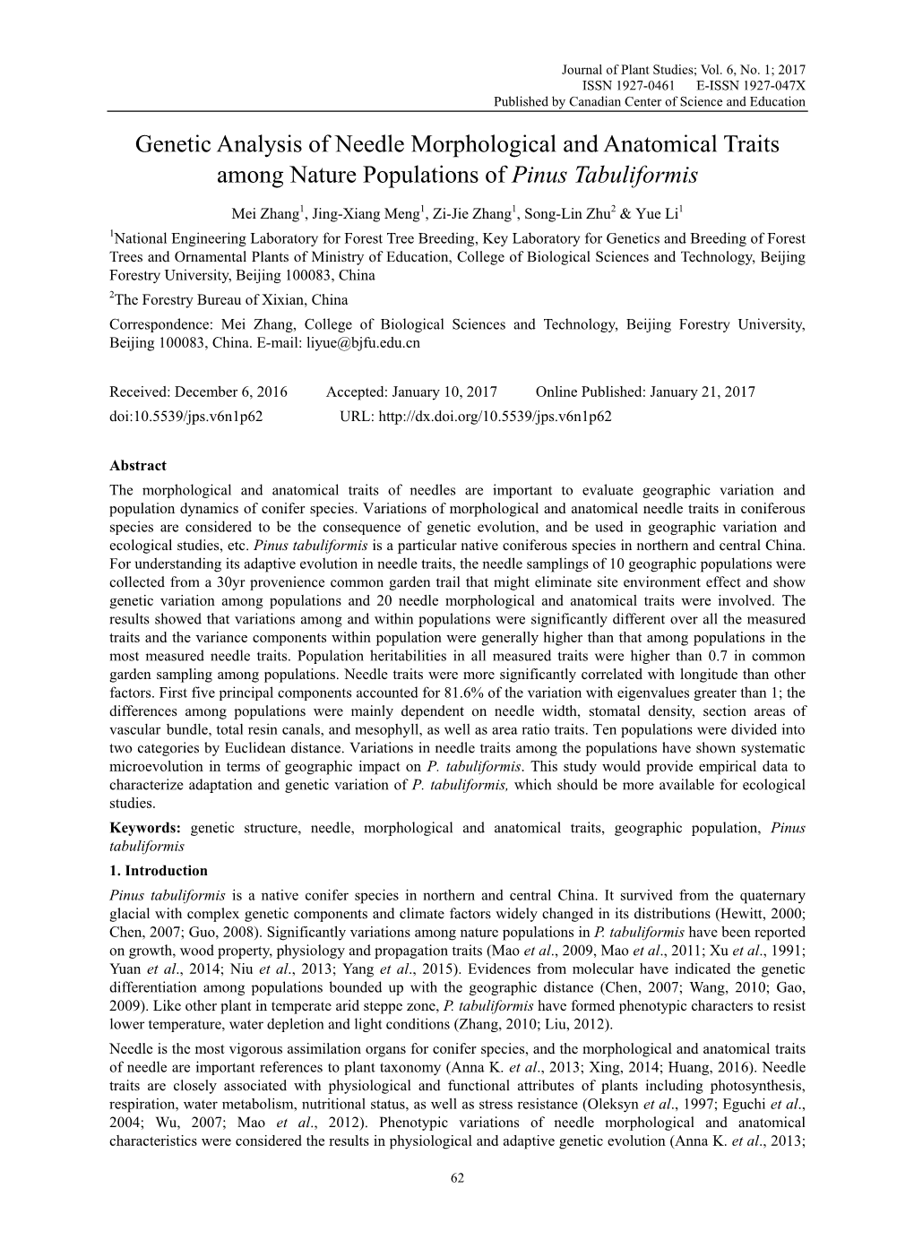 Genetic Analysis of Needle Morphological and Anatomical Traits Among Nature Populations of Pinus Tabuliformis