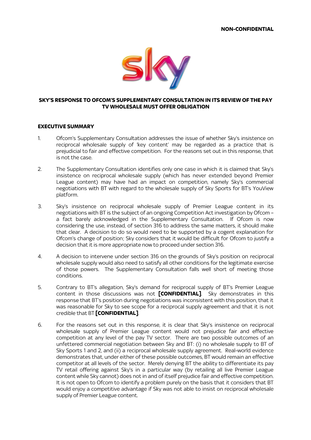 Non-Confidential Sky's Response to Ofcom's