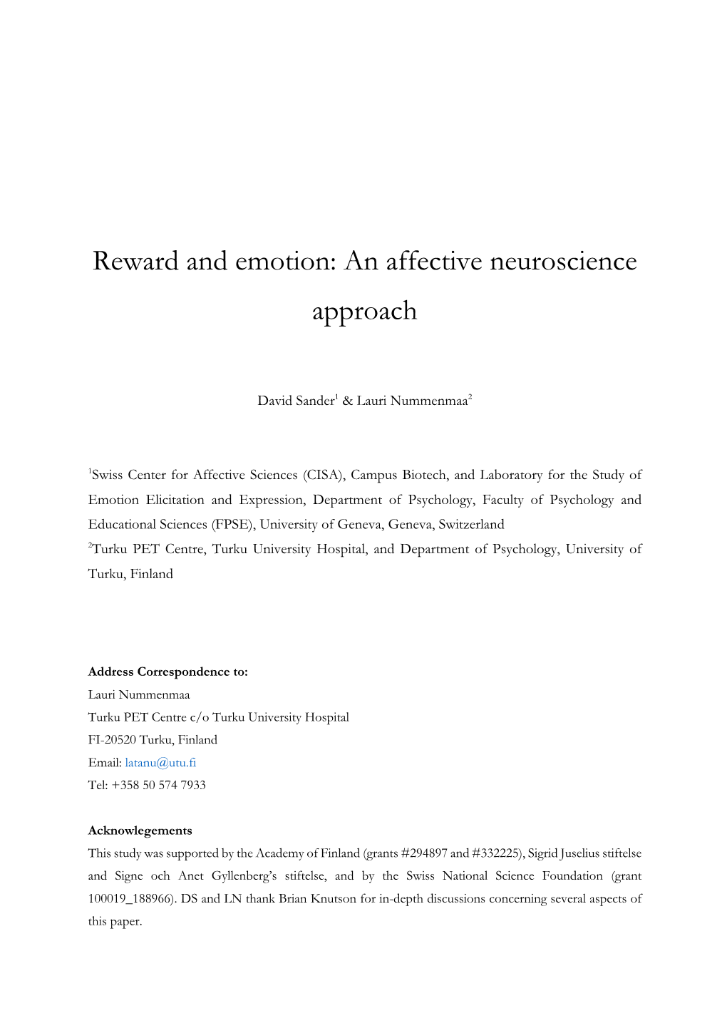 Reward and Emotion: an Affective Neuroscience Approach