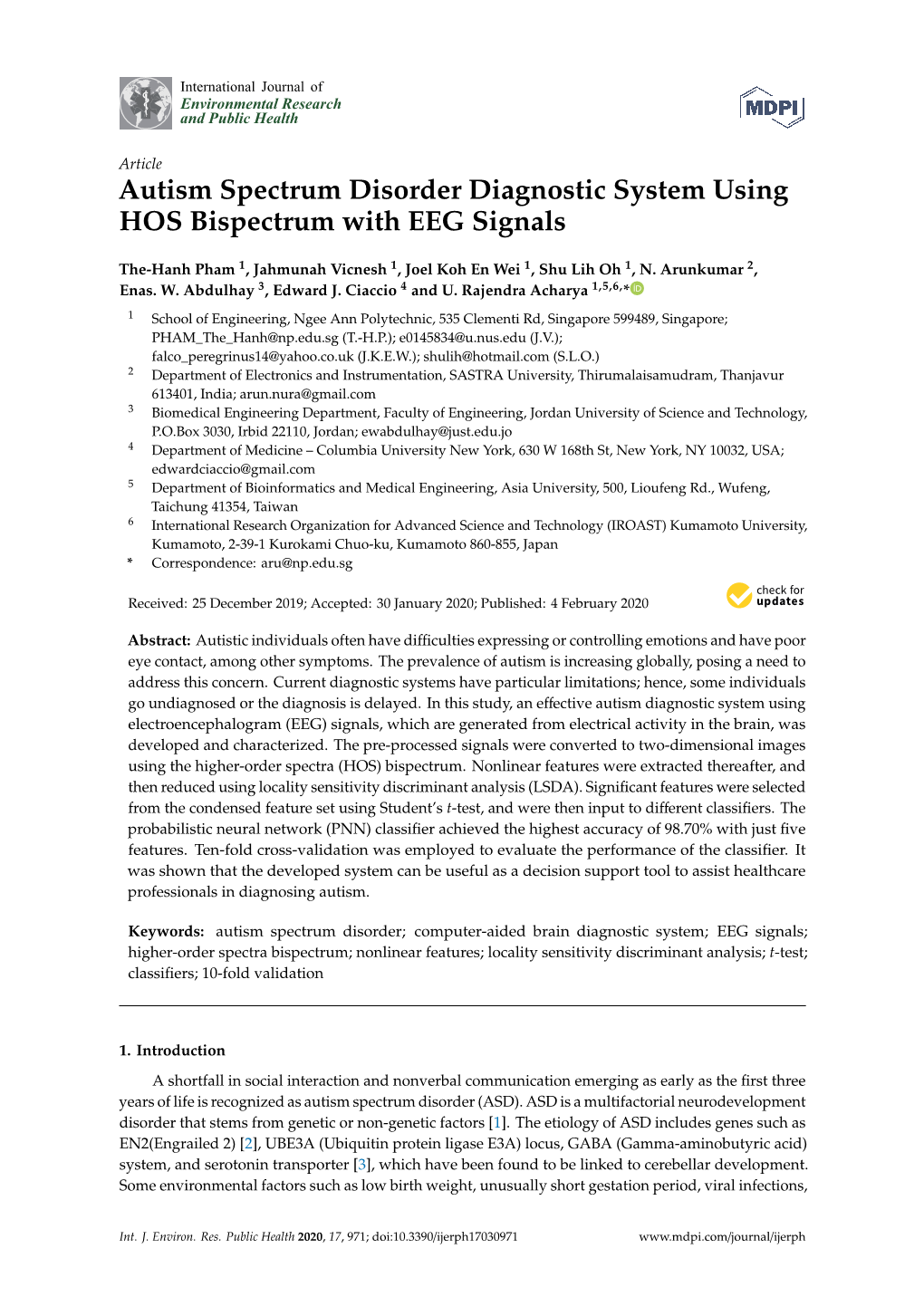 Autism Spectrum Disorder Diagnostic System Using HOS Bispectrum with EEG Signals