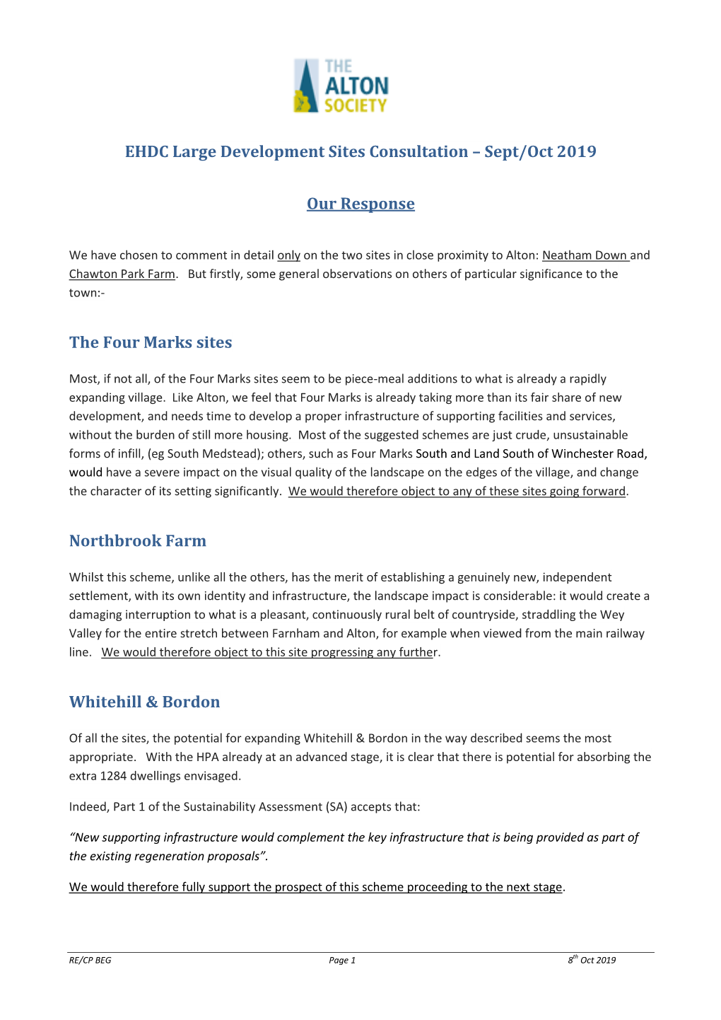 EHDC Large Development Sites Consultation – Sept/Oct 2019