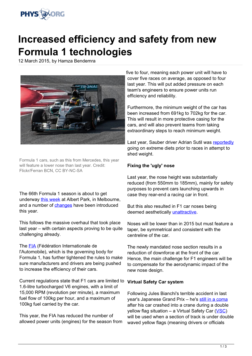 Increased Efficiency and Safety from New Formula 1 Technologies 12 March 2015, by Hamza Bendemra