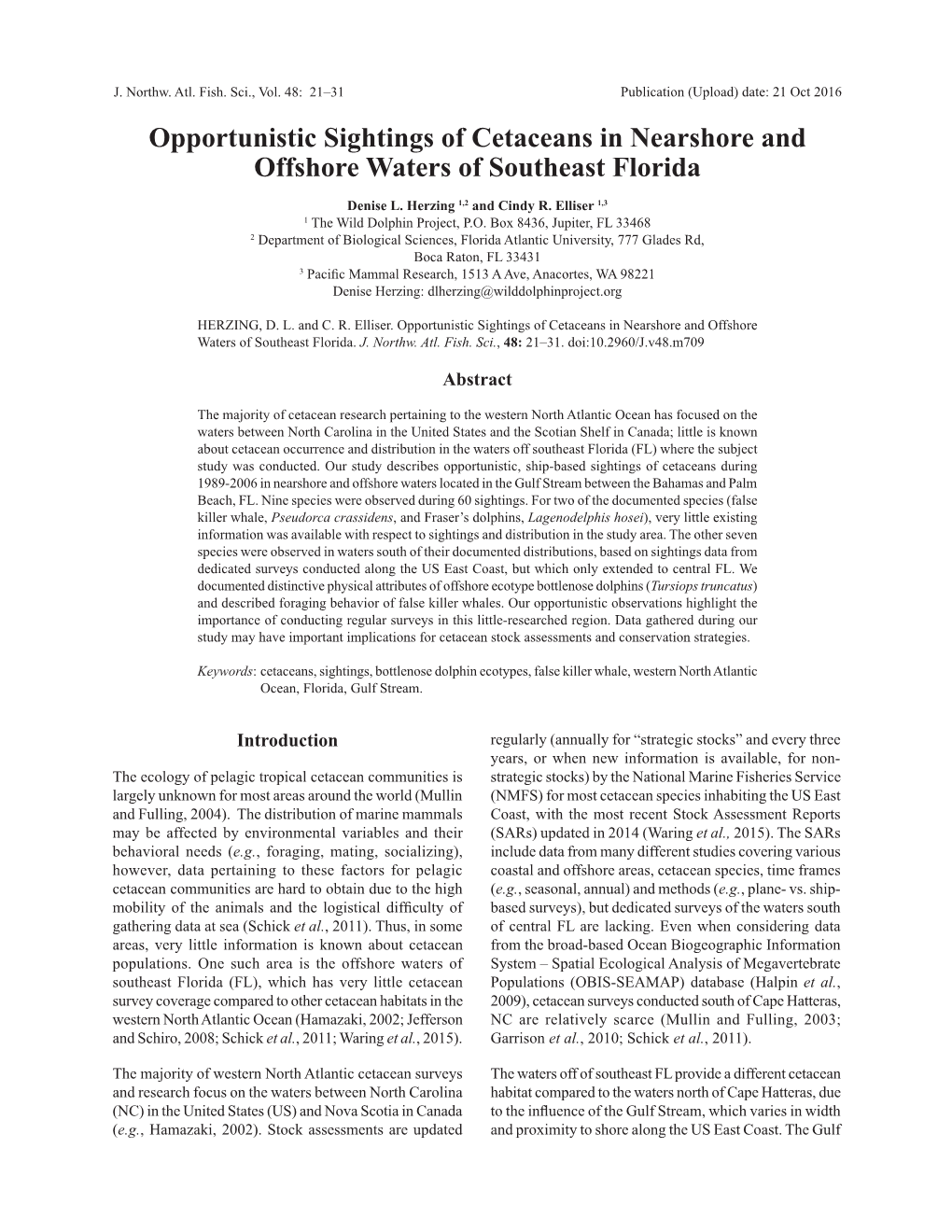 Opportunistic Sightings of Cetaceans in Nearshore and Offshore Waters of Southeast Florida