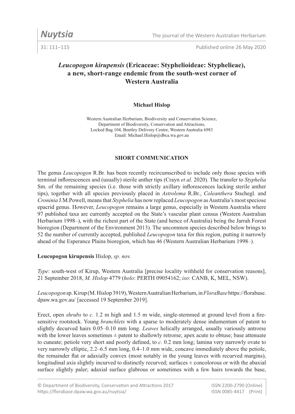 Nuytsia the Journal of the Western Australian Herbarium 31: 111–115 Published Online 26 May 2020