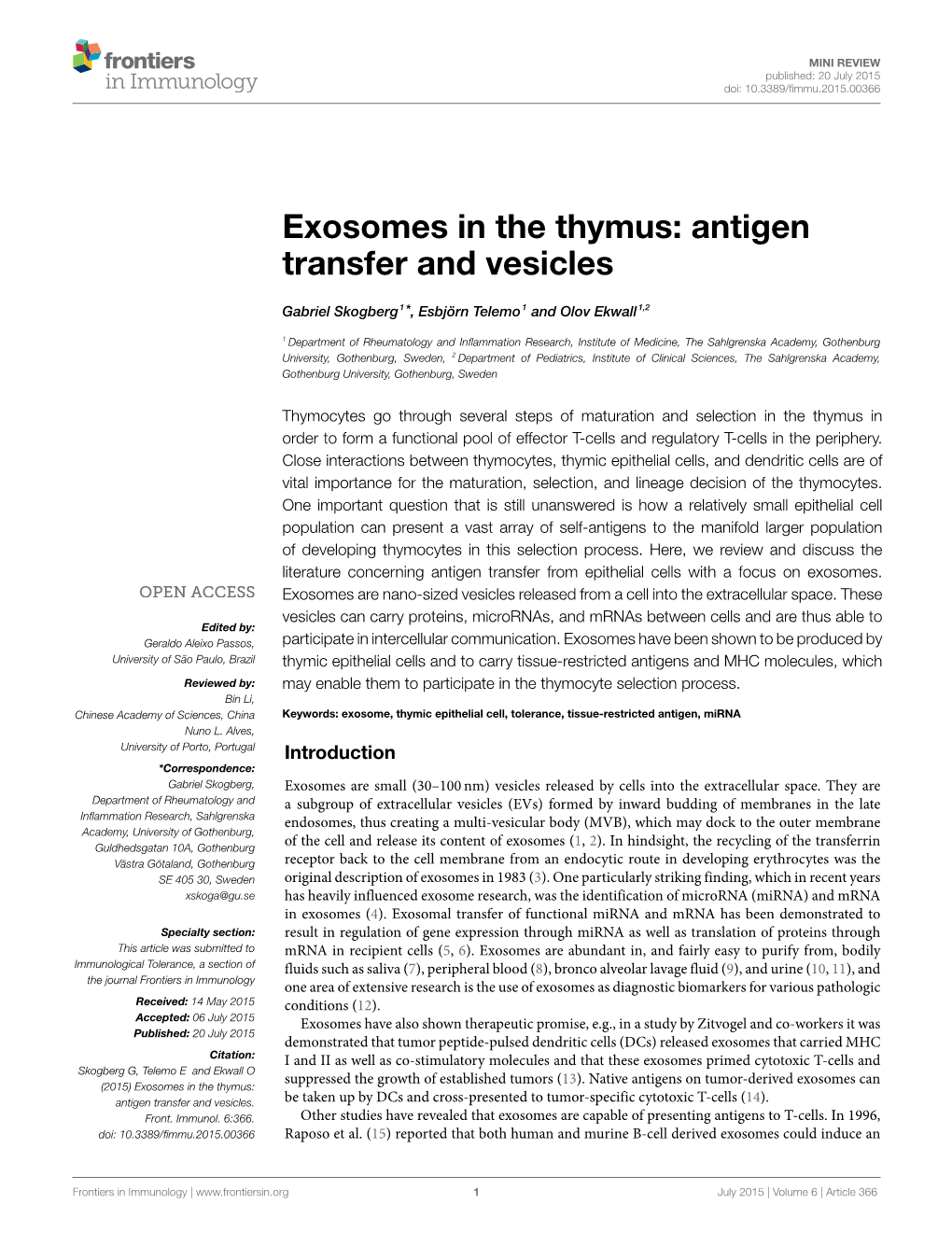 Exosomes in the Thymus: Antigen Transfer and Vesicles