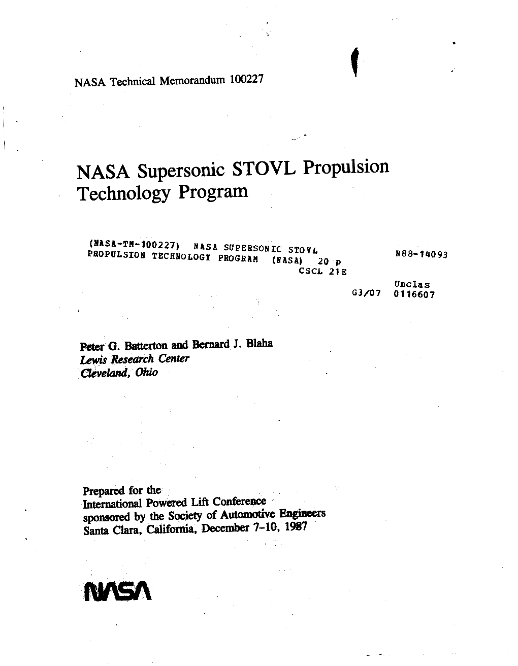 NASA SUPERSONIC STOVL PROPULSION TECHNOLOGY PROGRAM Peter G