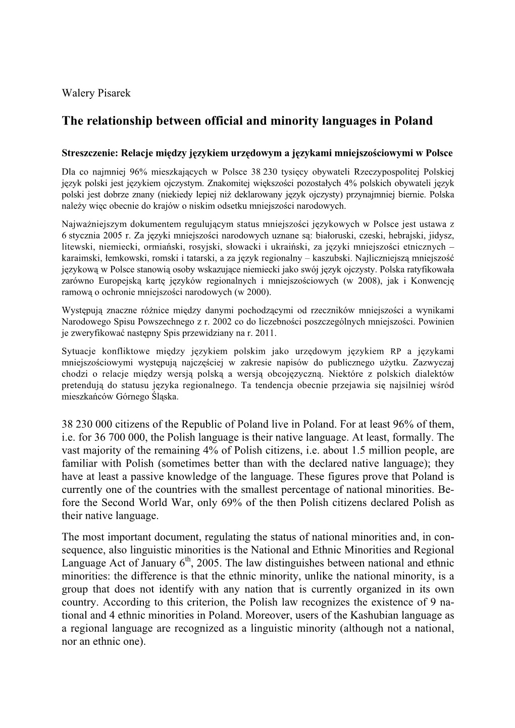 The Relationship Between Official and Minority Languages in Poland