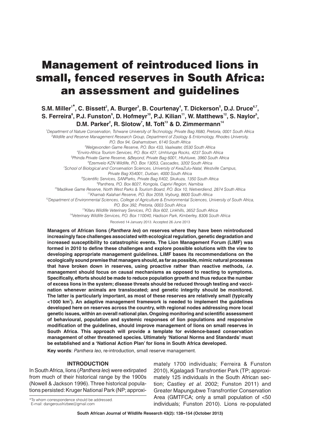 Management of Reintroduced Lions in Small, Fenced Reserves in South Africa: an Assessment and Guidelines