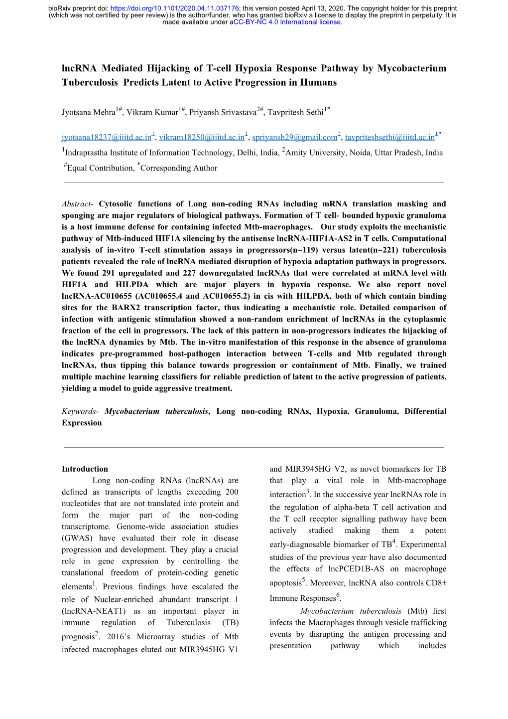 Lncrna Mediated Hijacking of T-Cell Hypoxia Response Pathway by Mycobacterium Tuberculosis Predicts Latent to Active Progression in Humans