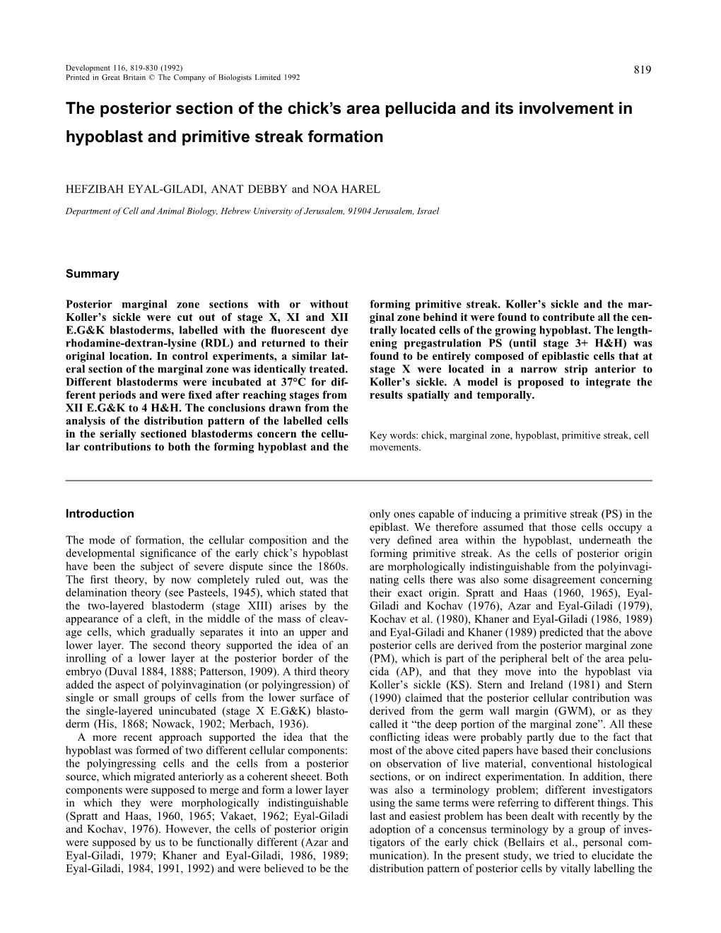 The Posterior Section of the Chick's Area Pellucida and Its Involvement in Hypoblast and Primitive Streak Formation