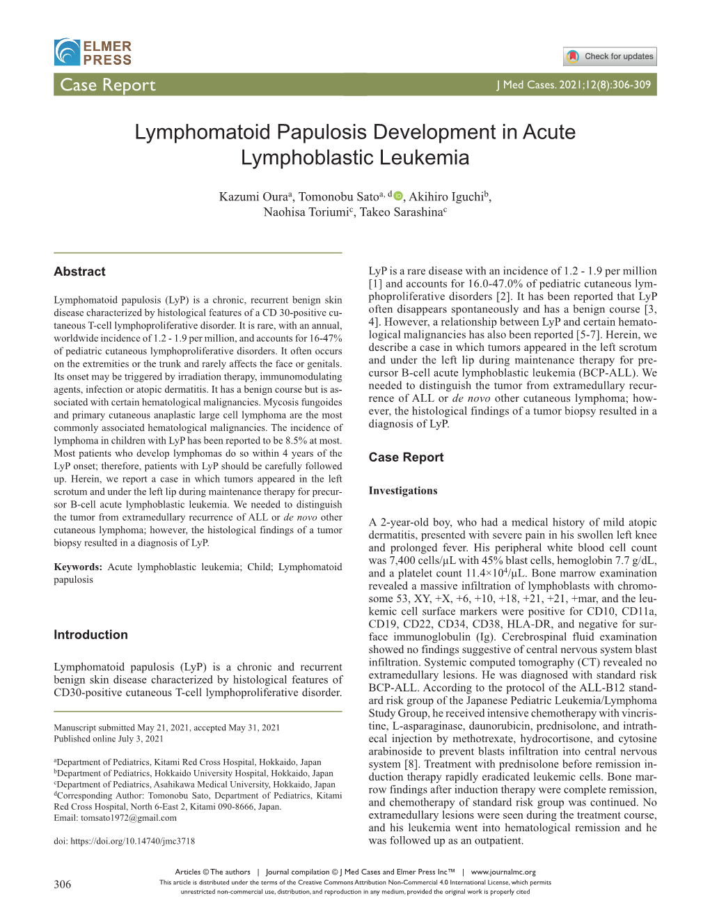 Lymphomatoid Papulosis Development in Acute Lymphoblastic Leukemia