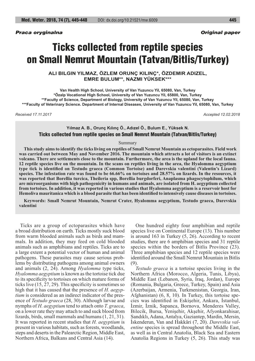 Ticks Collected from Reptile Species on Small Nemrut Mountain (Tatvan/Bitlis/Turkey)