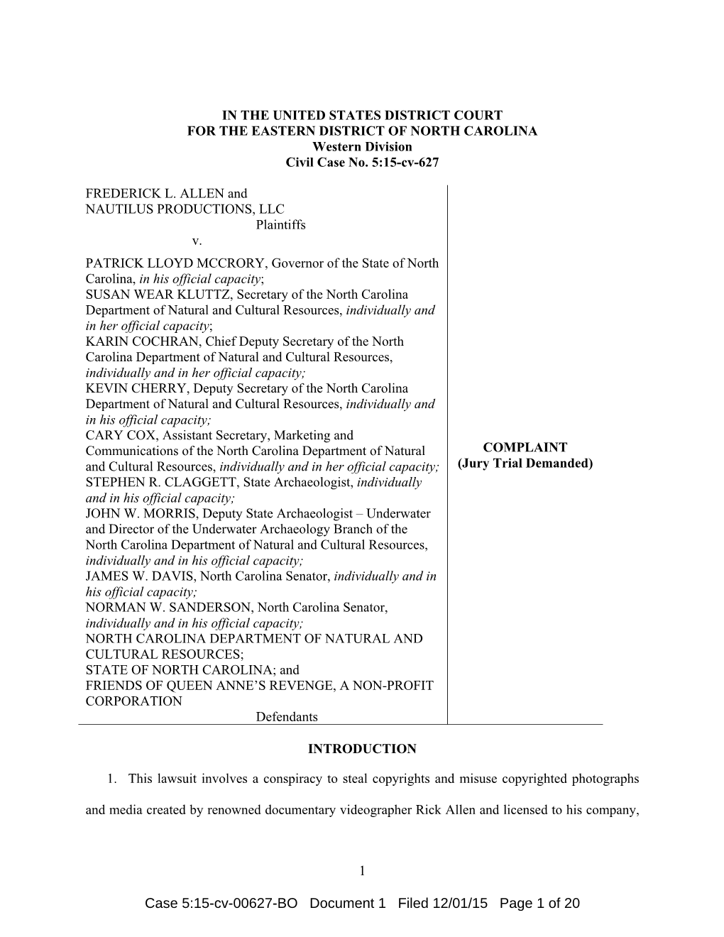 1 Case 5:15-Cv-00627-BO Document 1 Filed 12/01/15 Page 1 of 20